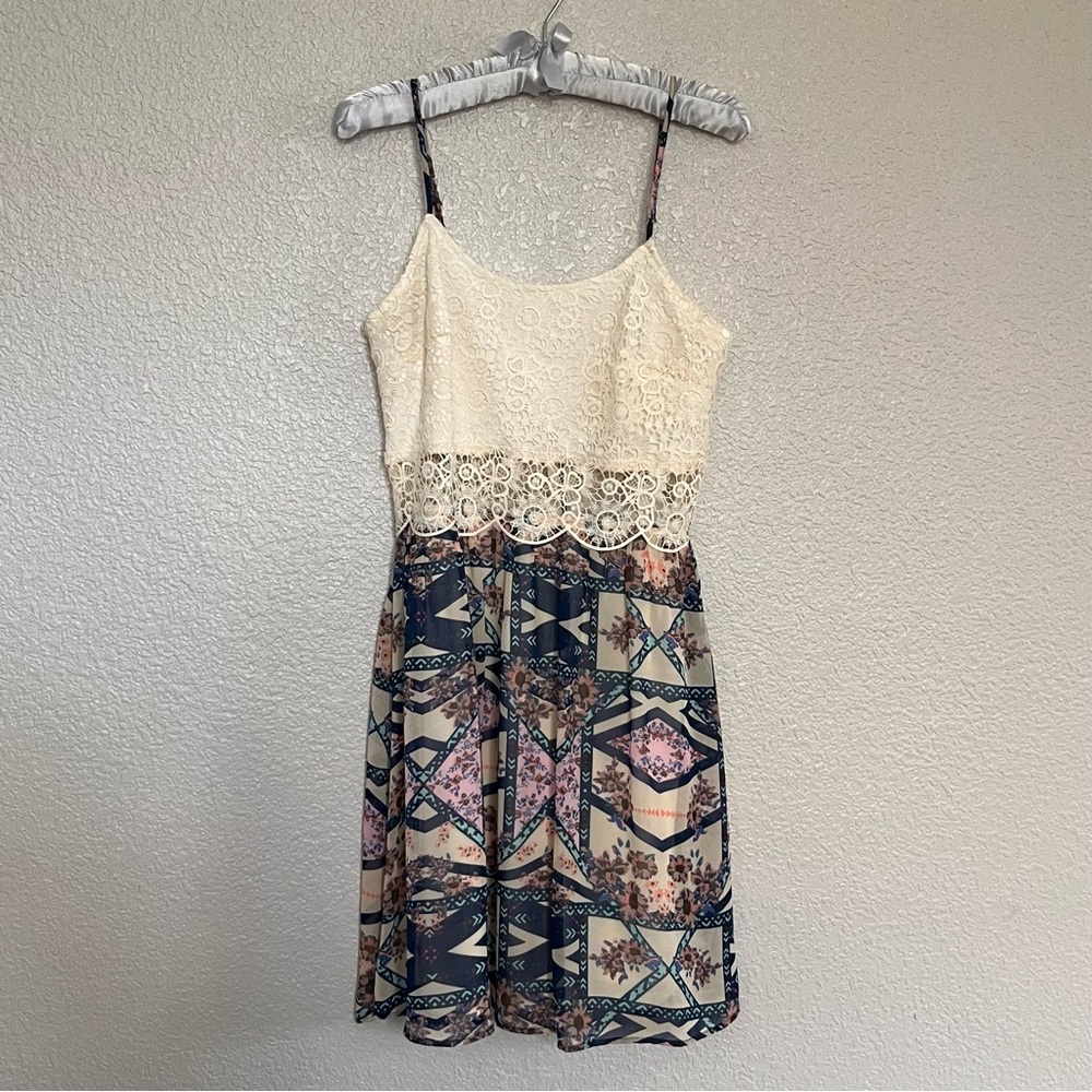 Love, Fire Cream lace and boho Dress with floral Accents size medium
